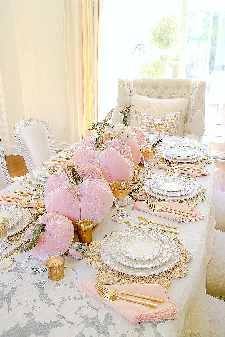 Randi Garrett Designs Pumpkin Tabletops & Home Decor with Hot Skwash Silk Velvet Pumpkins