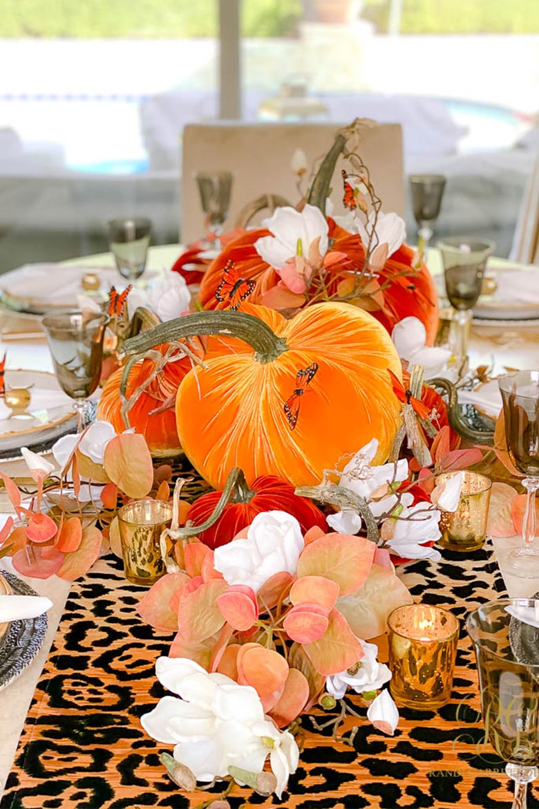 Randi Garrett Designs Pumpkin Tabletops & Home Decor with Hot Skwash Silk Velvet Pumpkins