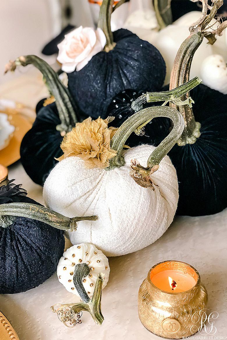 Randi Garrett Designs Pumpkin Tabletops & Home Decor with Hot Skwash Silk Velvet Pumpkins