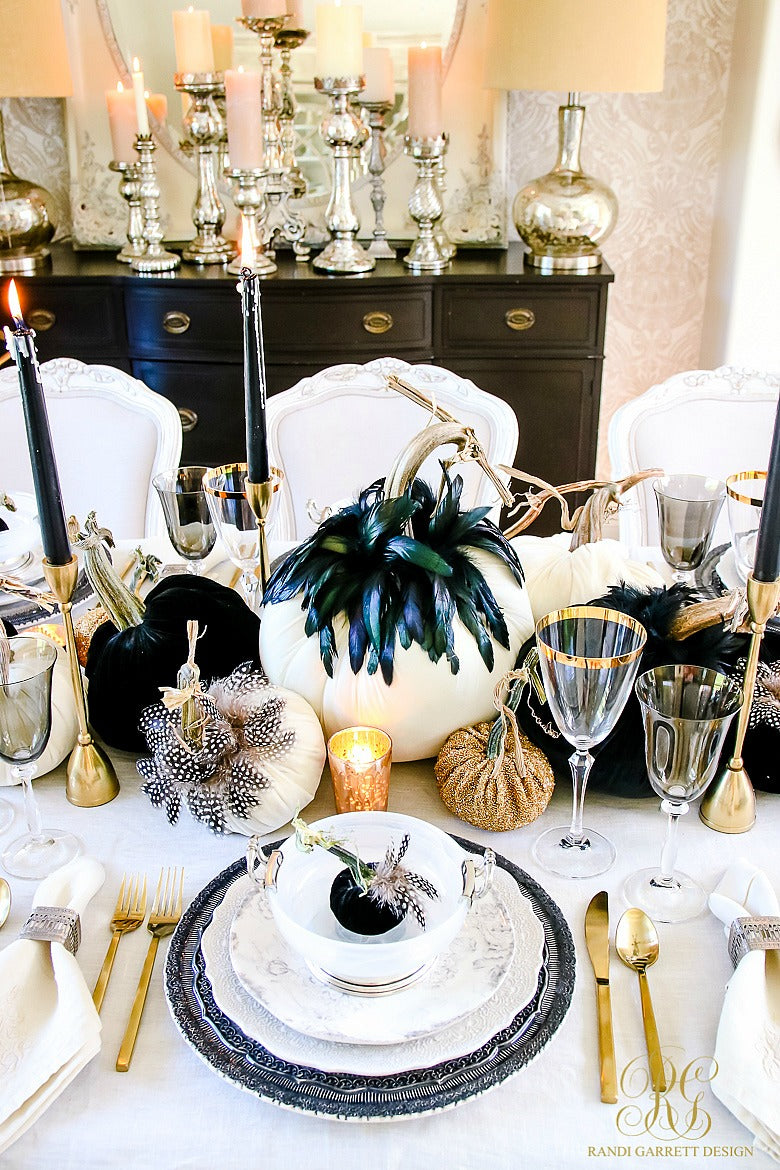 Randi Garrett Designs Pumpkin Tabletops & Home Decor with Hot Skwash Silk Velvet Pumpkins