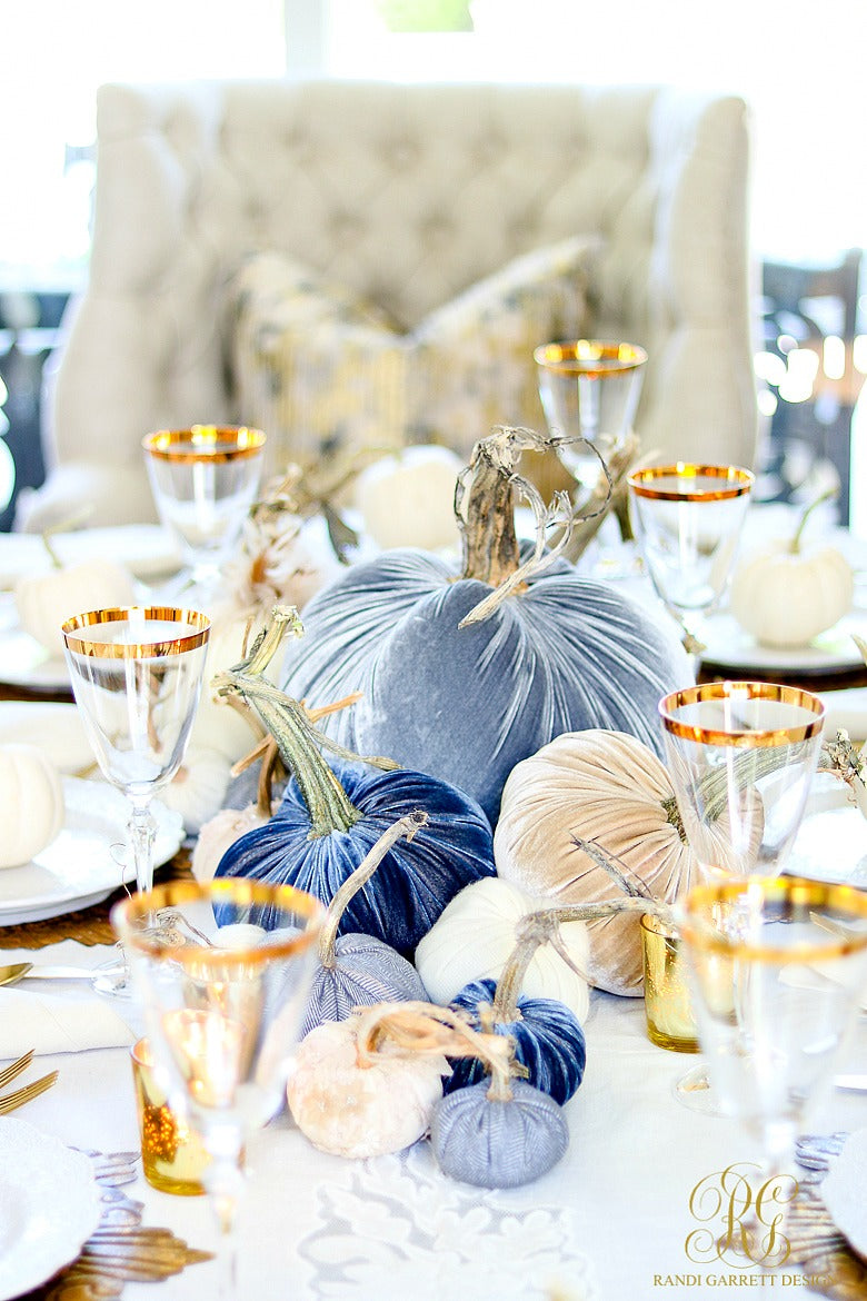 Randi Garrett Designs Pumpkin Tabletops & Home Decor with Hot Skwash Silk Velvet Pumpkins